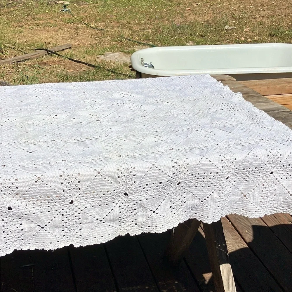 White Crochet heavy rectangular Tablecloth 37 x 44” vintage